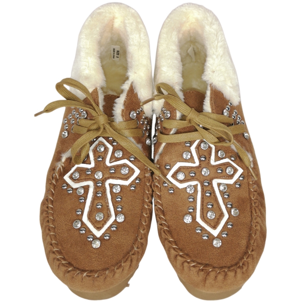 Montana West Brown Faux Suede Cross Moccasin Slippers with Rhinestones